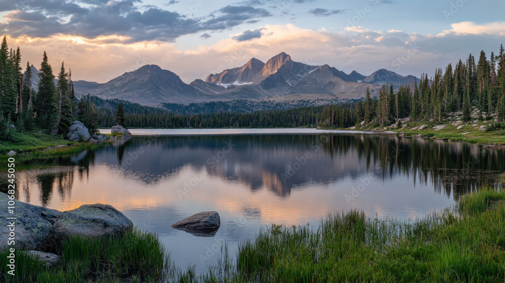 serene lake reflects distant peaks under colorful sky at dusk, surrounded by lush greenery and tall trees, creating peaceful and tranquil atmosphere serene lake reflects distant peaks under colorful sky at dusk, surrounded by lush greenery and tall trees, creating peaceful and tranquil atmosphere