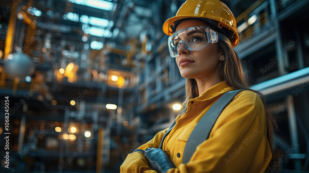 Empowered woman engineer in safety gear, showcasing confidence Empowered woman engineer in safety gear, showcasing confidence