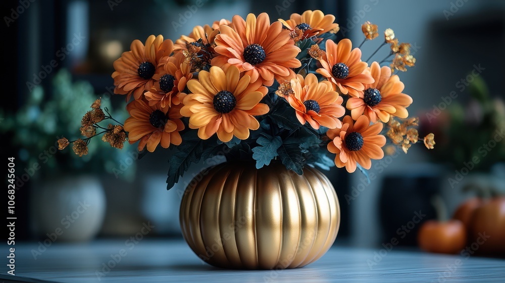 A bouquet of orange flowers in a gold pumpkin-shaped vase.
