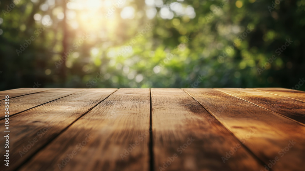 warm wooden table with natural finish is set against blurred green background, creating serene and inviting atmosphere perfect for gatherings or relaxation warm wooden table with natural finish is set against blurred green background, creating serene and inviting atmosphere perfect for gatherings or relaxation