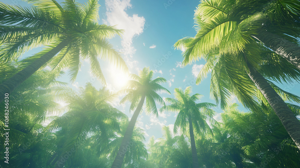 A lush palm tree canopy stretches towards a bright sky filled with fluffy clouds, creating a serene tropical atmosphere perfect for relaxation and getaway imagery for travel photography. A lush palm tree canopy stretches towards a bright sky filled with fluffy clouds, creating a serene tropical atmosphere perfect for relaxation and getaway imagery for travel photography.