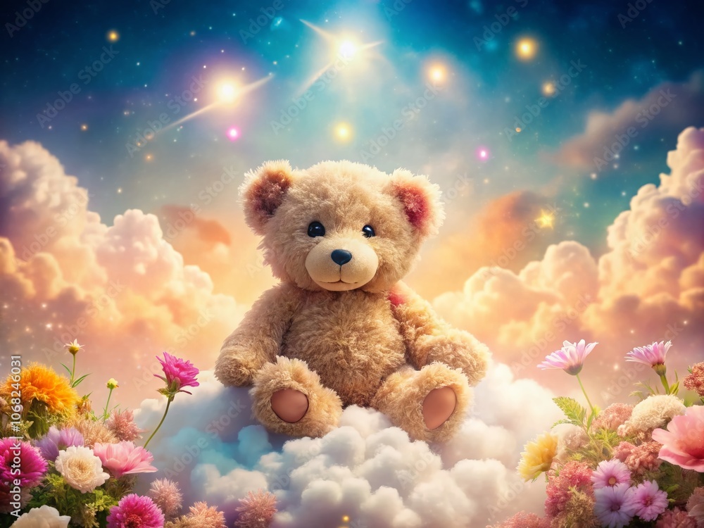 A Whimsical Teddy Bear Surrounded by Colorful Flowers, Relaxing on a Fluffy Cloud in a Dreamy Sky, Perfect for Illustrating Childhood Innocence and Imagination A Whimsical Teddy Bear Surrounded by Colorful Flowers, Relaxing on a Fluffy Cloud in a Dreamy Sky, Perfect for Illustrating Childhood Innocence and Imagination