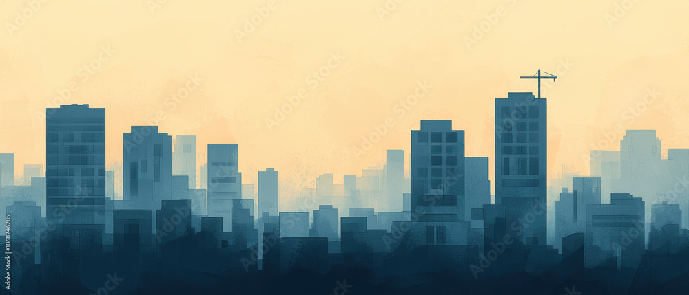 Fototapeta premium A serene silhouette of a city skyline at dawn, featuring tall buildings and a construction crane against a soft yellow and blue gradient sky.