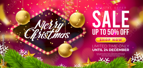 Christmas Sale Design with Ornamental Ball and Light Bulb Billboard on Red Background. Holiday Vector Business Illustration with Special Offer Typography Elements for Coupon, Voucher, Banner, Flyer