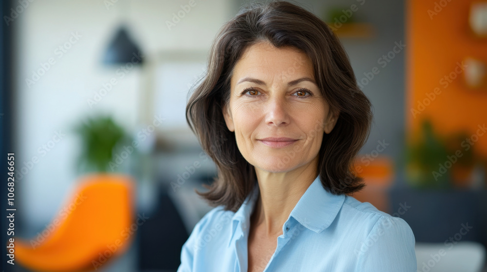 confident woman with brown hair is smiling in modern office setting, showcasing professional atmosphere. background features stylish decor and greenery, enhancing workspaces appeal confident woman with brown hair is smiling in modern office setting, showcasing professional atmosphere. background features stylish decor and greenery, enhancing workspaces appeal