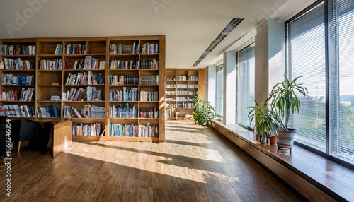 Stylish library interior with wooden bookcase in row  panoramic window