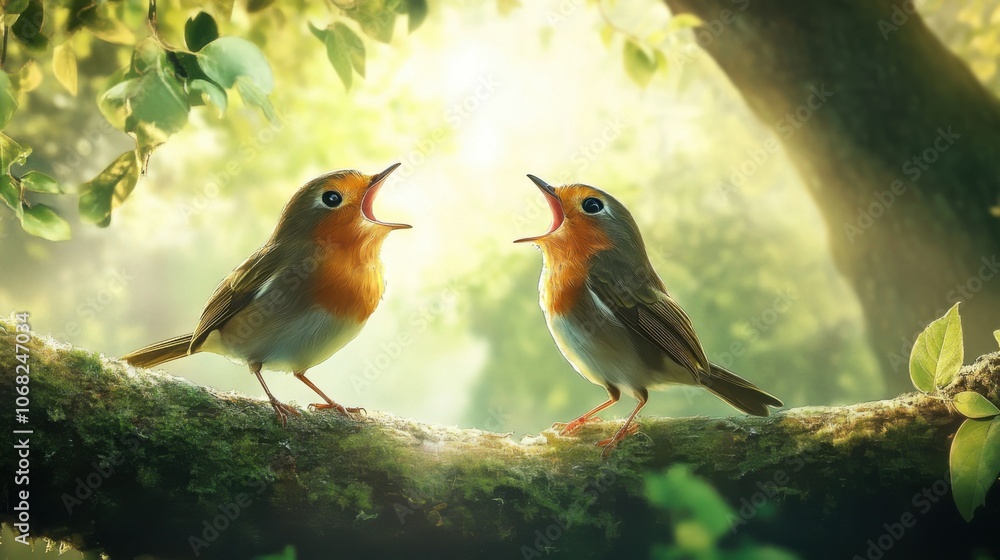 Fototapeta premium Melodious Birds: A Super-Realistic Macro Children's Illustration