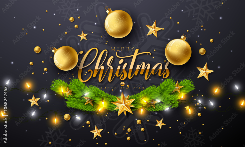 Naklejka premium Merry Christmas and Happy New Year Illustration with Gold Glass Ball, Light Garland, Pine Branch and Typography Letter on Black Background. Vector Holiday Season Banner Design for Greeting Card, Party