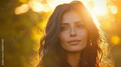 Gorgeous woman with long, wavy hair illuminated by warm sunlight, exuding serene and confident expression in natural outdoor setting