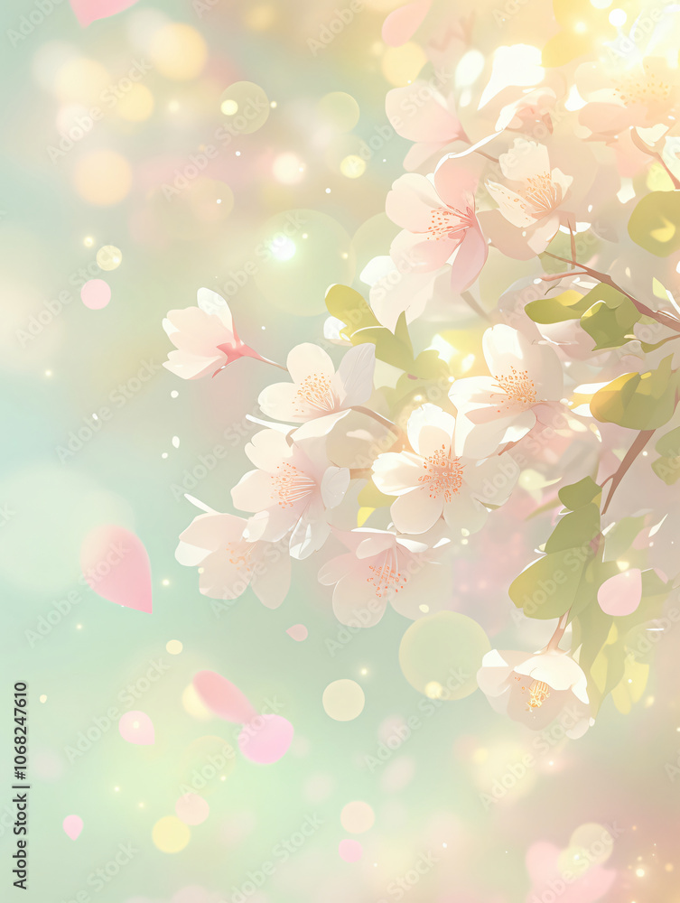 A delicate arrangement of cherry blossoms is depicted with soft pastel colors and sparkling light effects, creating a dreamy and serene atmosphere for floral art and decoration. A delicate arrangement of cherry blossoms is depicted with soft pastel colors and sparkling light effects, creating a dreamy and serene atmosphere for floral art and decoration.