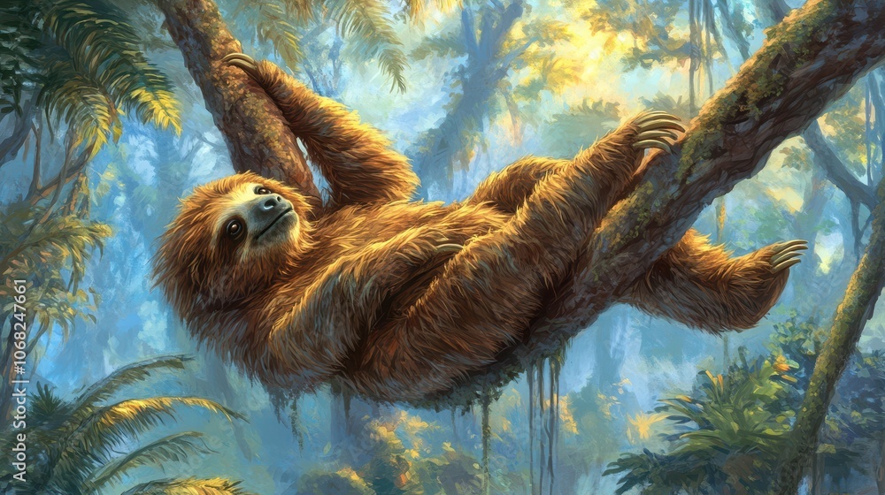 Sloth Relaxing on Branch in Misty Rainforest Sloth Relaxing on Branch in Misty Rainforest
