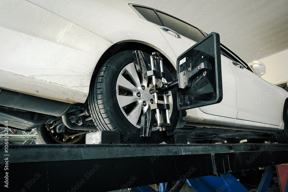 Vehicle wheel alignment with standard wheel alignment machine in auto repair shop , Car maintenance concept