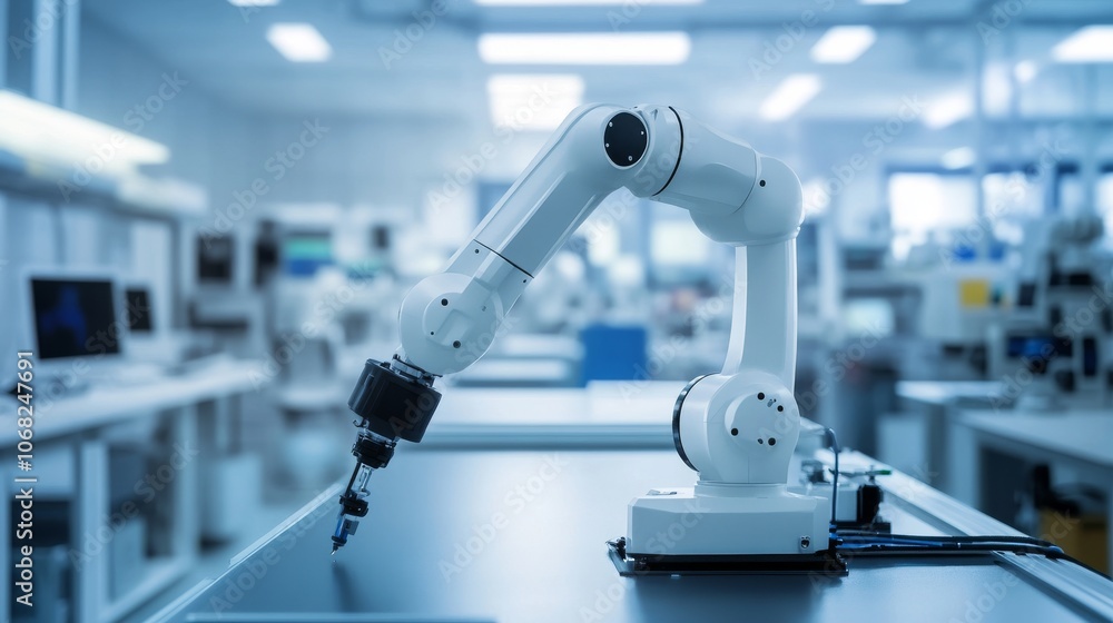 In a well-equipped lab, a robotic arm skillfully creates elaborate designs, showcasing the fusion of robotics and engineering amid a bustling environment of innovation. In a well-equipped lab, a robotic arm skillfully creates elaborate designs, showcasing the fusion of robotics and engineering amid a bustling environment of innovation.