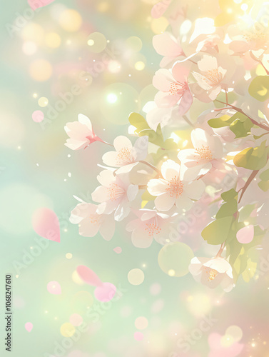 A delicate arrangement of cherry blossoms is depicted with soft pastel colors and sparkling light effects, creating a dreamy and serene atmosphere for floral art and decoration.