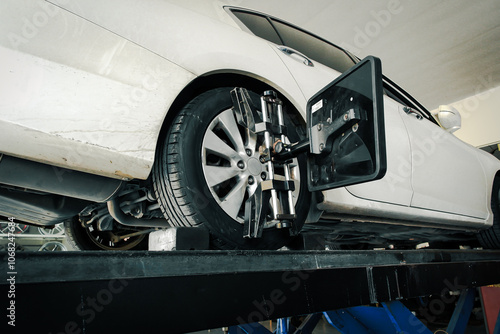 Obraz na płótnie Vehicle wheel alignment with standard wheel alignment machine in auto repair shop , Car maintenance concept w salonie