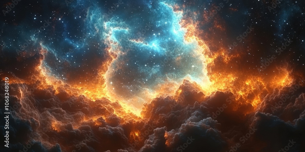 Dramatic Cosmic Scene with Fiery Clouds and Stars Dramatic Cosmic Scene with Fiery Clouds and Stars