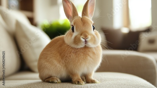 A cute, fluffy rabbit sitting on a couch, showcasing its adorable features in a cozy indoor setting.
