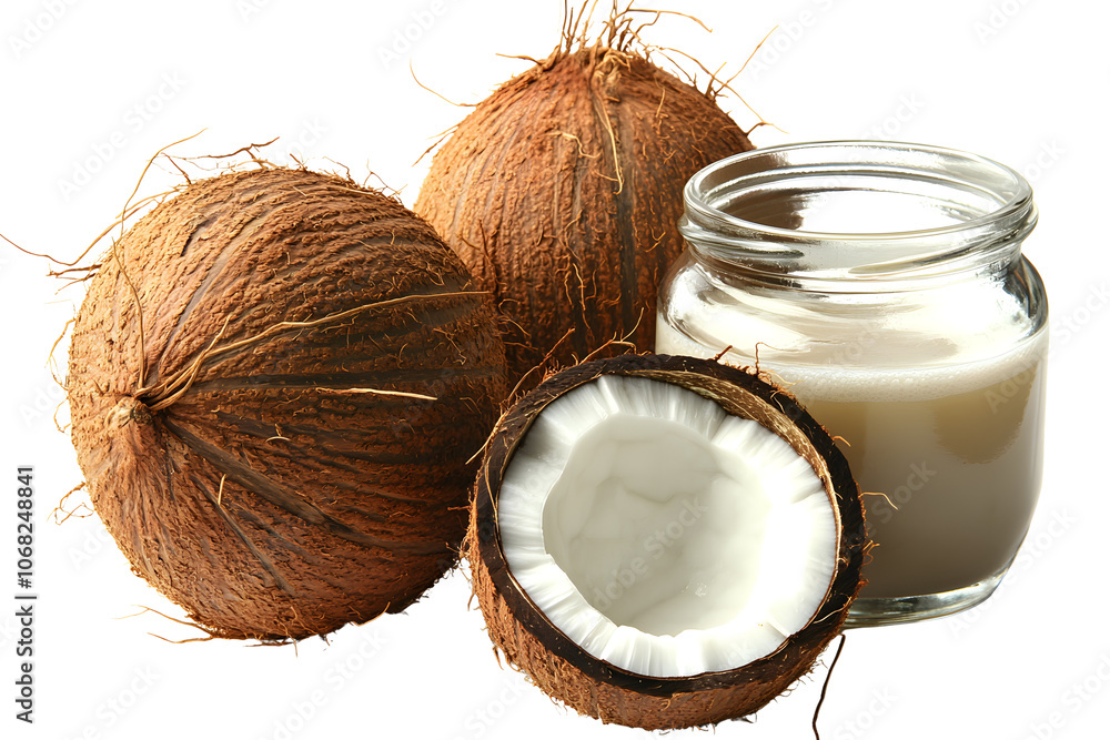 Coconuts and glass of coconut milk isolated on white background. Coconuts and glass of coconut milk isolated on white background.