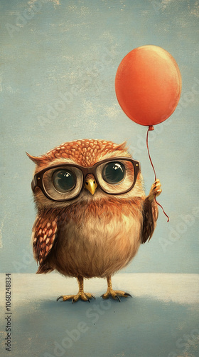 Cute Owl with Glasses Holding a Balloon - Digital Art Illustration photo