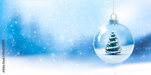 Weihnachtskugel aus Glas vor verschneiter Landschaft