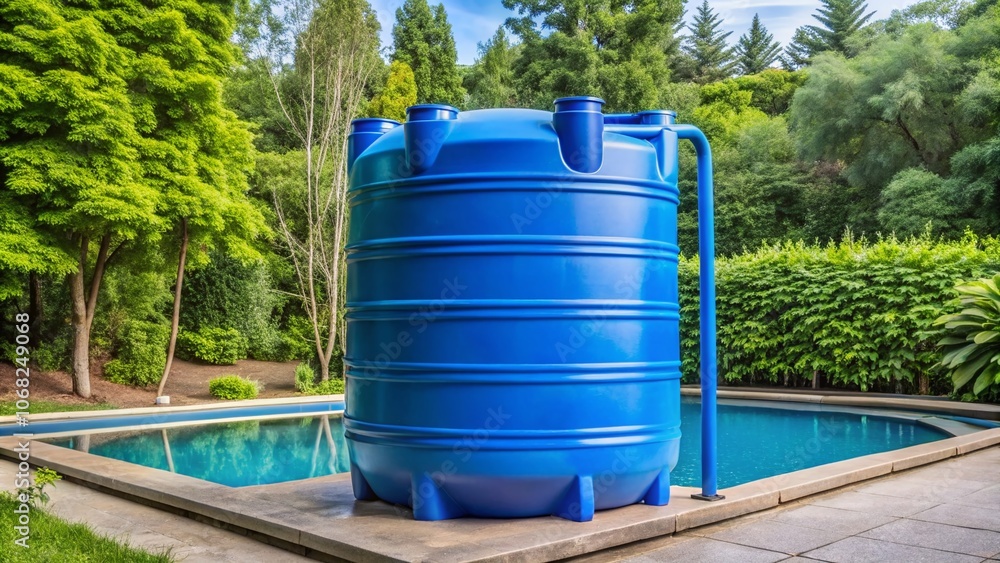 Blue Plastic Water Tank Storage System Isolated PNG at Park Behind Large Swimming Pool for Water Storage, Old and Unusable, Perfect for Product Photography Use