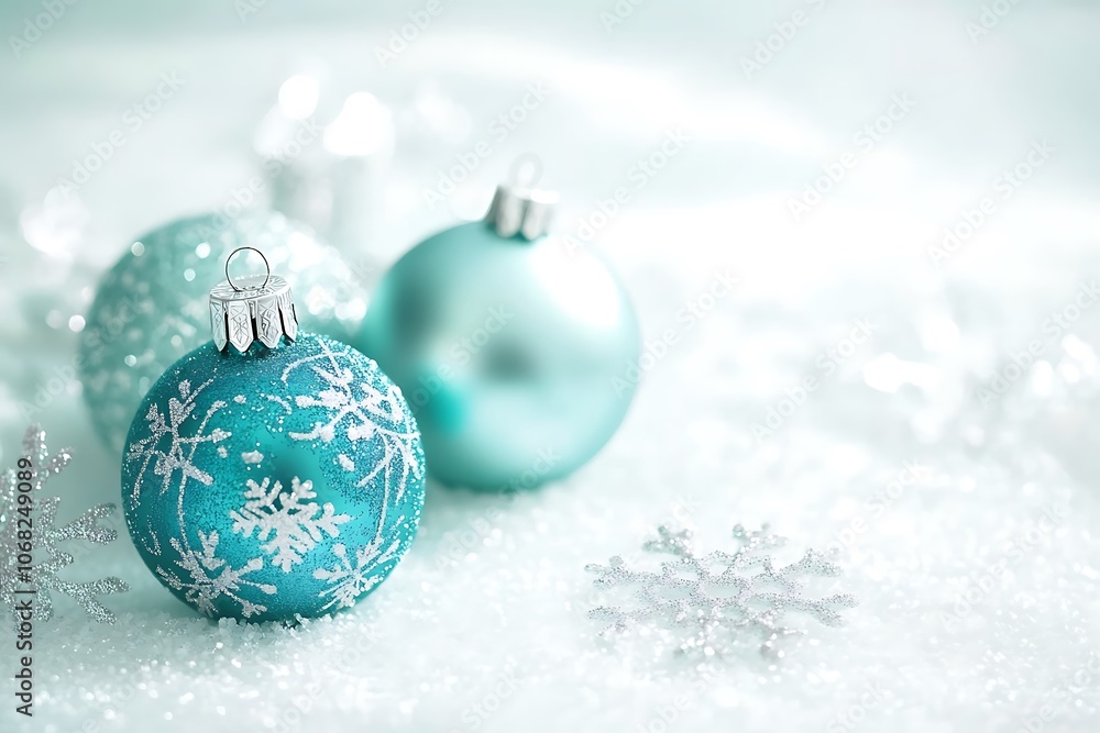 Frosty Winter Wonderland Christmas Background with Teal Ornaments. This festive image captures the magic of Christmas with teal ornaments, frosted pine cones and branches Frosty Winter Wonderland Christmas Background with Teal Ornaments. This festive image captures the magic of Christmas with teal ornaments, frosted pine cones and branches