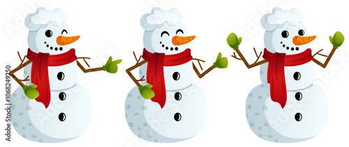 Snowman with Red Scarf and Green Mittens Graphic Set: Joyful, Winking, and Smiling Snowmen in Pointing, Thumbs Up, and Cheerful Poses