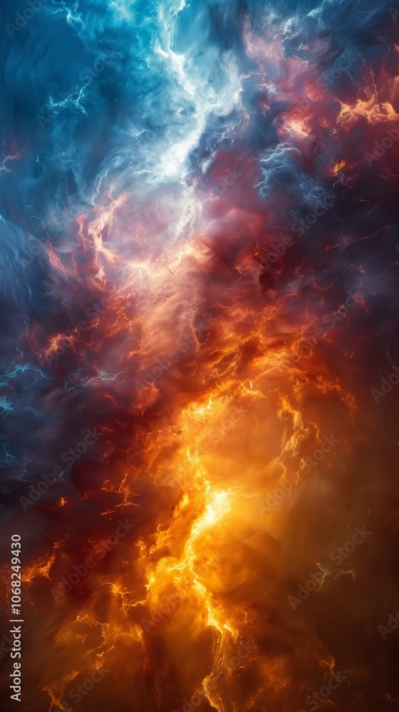 A vibrant cosmic swirl of blues, oranges, and yellows depicts the chaotic dance of celestial elements in a stunning interstellar expanse A vibrant cosmic swirl of blues, oranges, and yellows depicts the chaotic dance of celestial elements in a stunning interstellar expanse