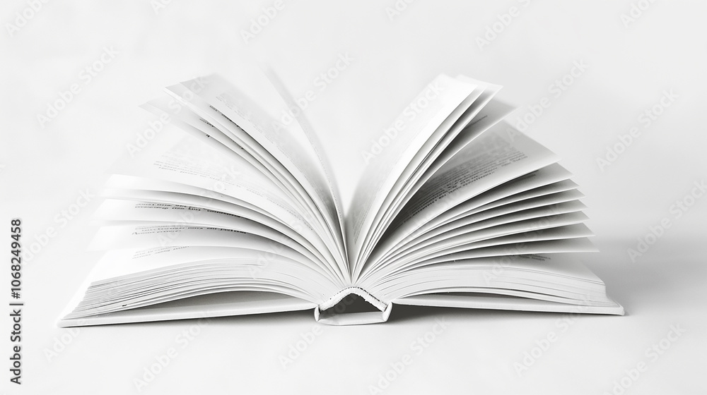 A hardcover book lies open with its pages fanned out on a white surface. A hardcover book lies open with its pages fanned out on a white surface.