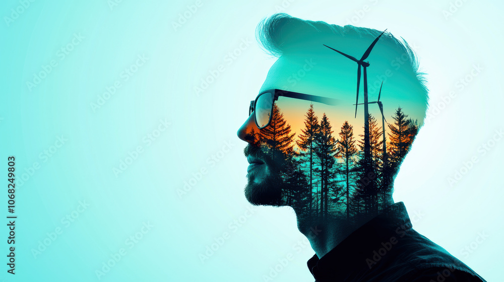A creative double exposure image of a man's profile blended with a landscape featuring wind turbines and trees. A creative double exposure image of a man's profile blended with a landscape featuring wind turbines and trees.