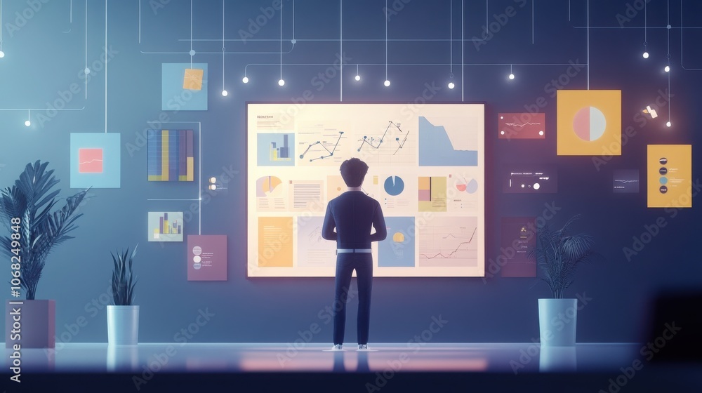 3D image of a business leader standing before a large screen filled with goal timelines, focus indicators, and success symbols in a corporate office setting