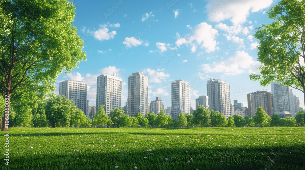 Modern architecture in vibrant urban park setting, showcasing tall apartment buildings against clear blue sky. lush green grass and trees create serene atmosphere Modern architecture in vibrant urban park setting, showcasing tall apartment buildings against clear blue sky. lush green grass and trees create serene atmosphere