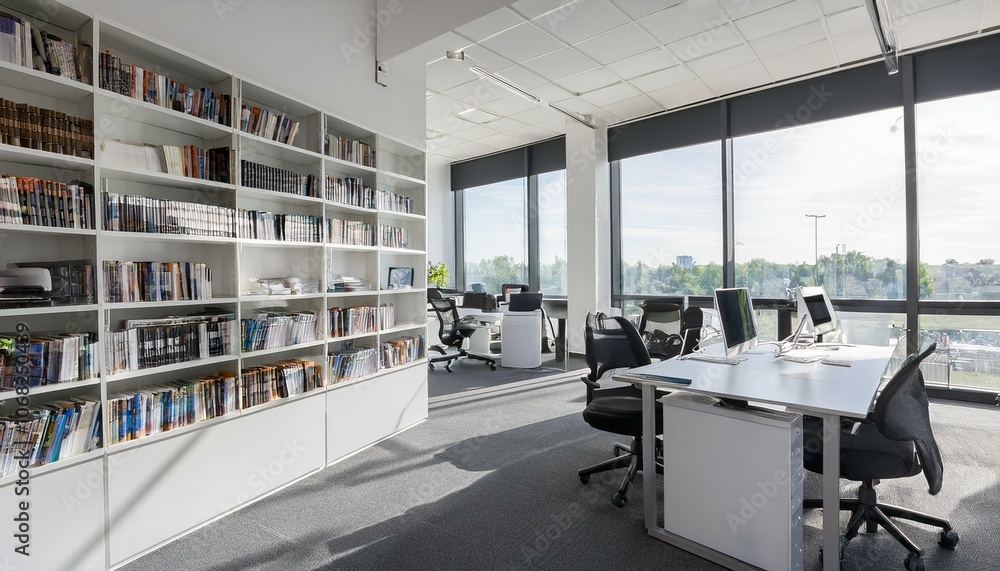 White coworking office corner with bookshelves White coworking office corner with bookshelves