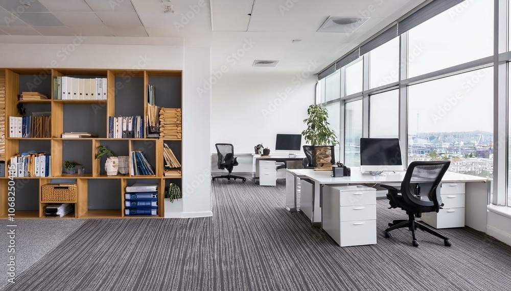 Fototapeta premium White coworking office corner with bookshelves
