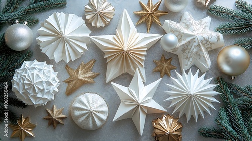 Handcrafted origami stars and spherical ornaments for Christmas, neatly displayed on a smooth silver background, each fold detailed with precision, accented by soft, photo