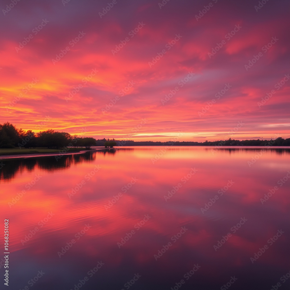 A tranquil lake reflecting a sunset with vibrant hues A tranquil lake reflecting a sunset with vibrant hues