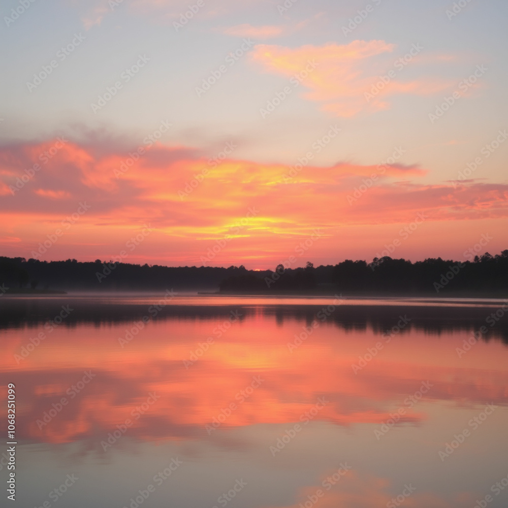 A tranquil lake reflecting a sunset with vibrant hues A tranquil lake reflecting a sunset with vibrant hues