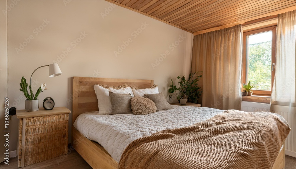 Wooden bedroom and canvas over bed with linens, beige walls and window