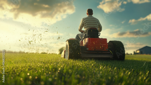 man is riding lawn mower across lush green field, enjoying sunny day and fresh air. scene captures essence of outdoor maintenance and tranquility