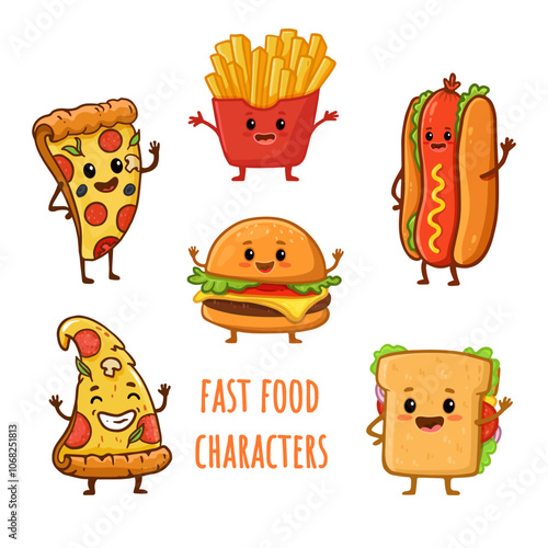 Set of fast food characters isolated on white. Cartoon hamburger, sandwich, hot dog, cute burger, french fries, slice of pizza. Flat style. Vector illustration