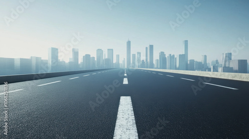 deserted highway stretches towards modern city skyline, showcasing blend of skyscrapers and urban architecture under clear sky. scene evokes sense of tranquility and openness