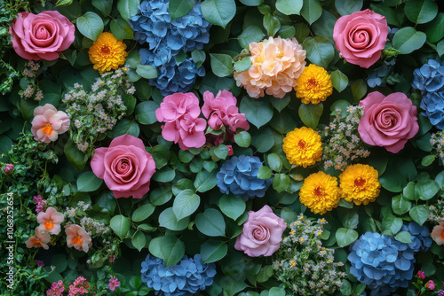 vibrant wall of flowers featuring pink, red, and purple roses, along with blue hydrangeas and yellow marigolds, creates cheerful and lively atmosphere. lush greenery enhances beauty of this floral