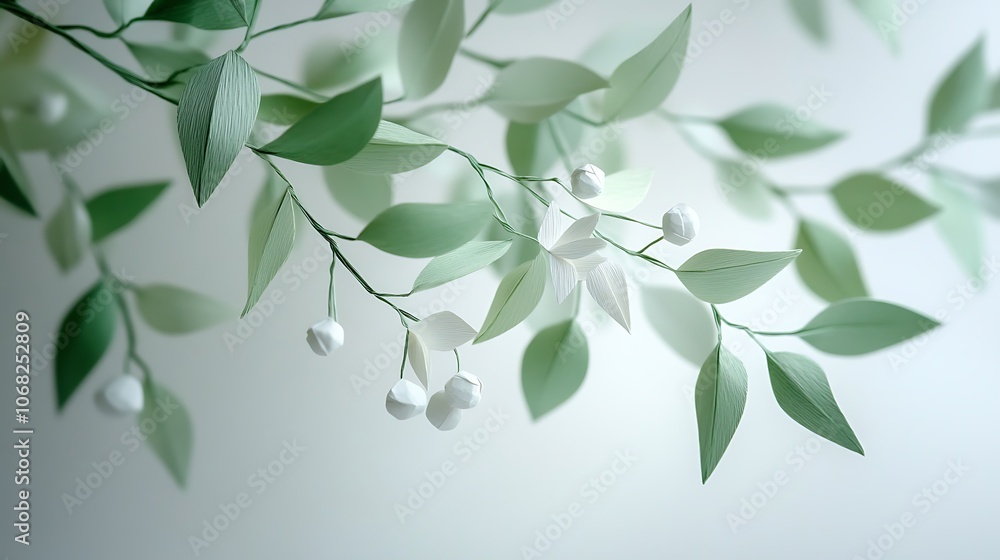 Origami mistletoe with intricate paper leaves and small berries, hanging from the top of the frame against a pristine white background, with soft lighting creating subtle highlights and shadows. Origami mistletoe with intricate paper leaves and small berries, hanging from the top of the frame against a pristine white background, with soft lighting creating subtle highlights and shadows.
