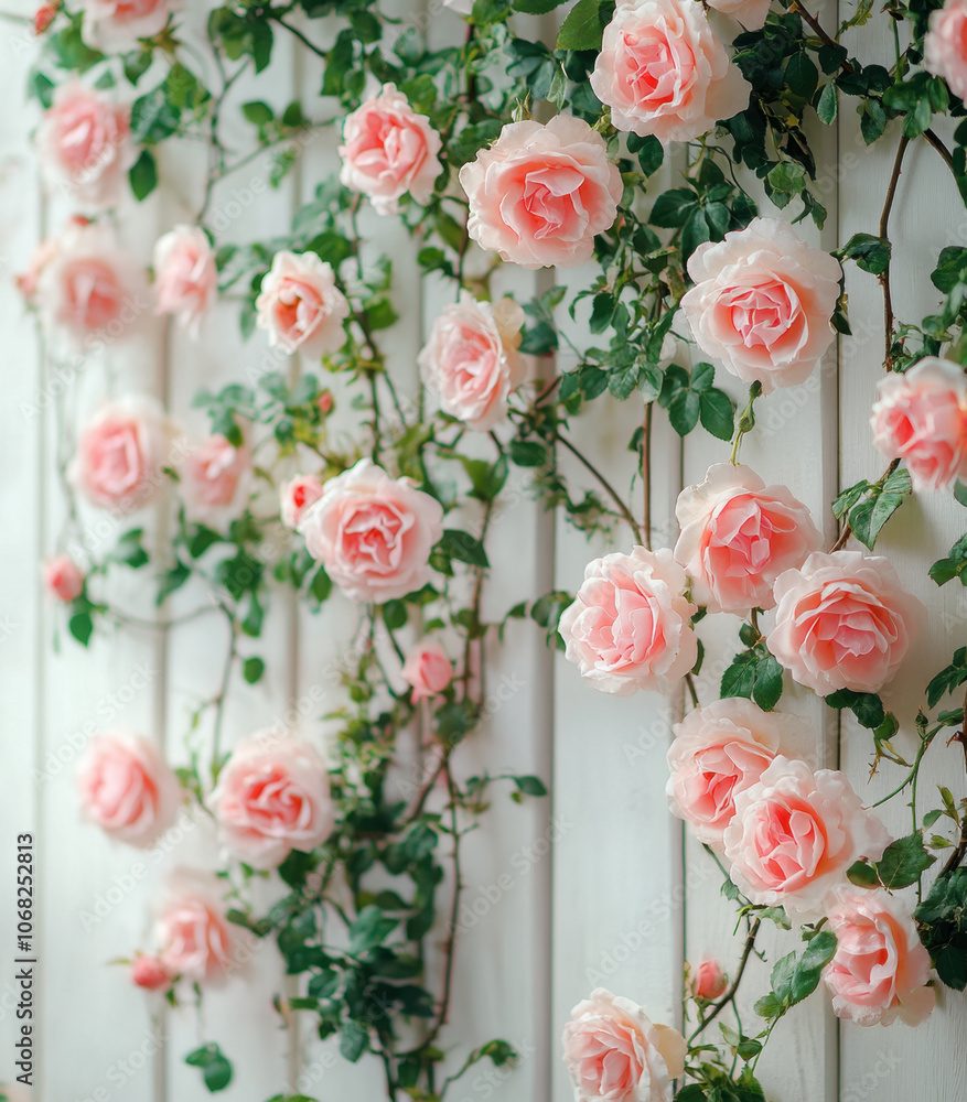 beautiful display of pink roses climbing on white trellis, creating charming and romantic atmosphere in garden setting. lush greenery enhances floral arrangement beautiful display of pink roses climbing on white trellis, creating charming and romantic atmosphere in garden setting. lush greenery enhances floral arrangement