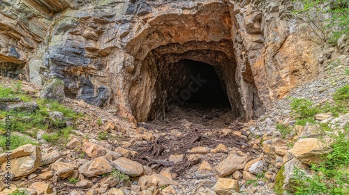 A dark cave entrance surrounded by rocky terrain and vegetation.