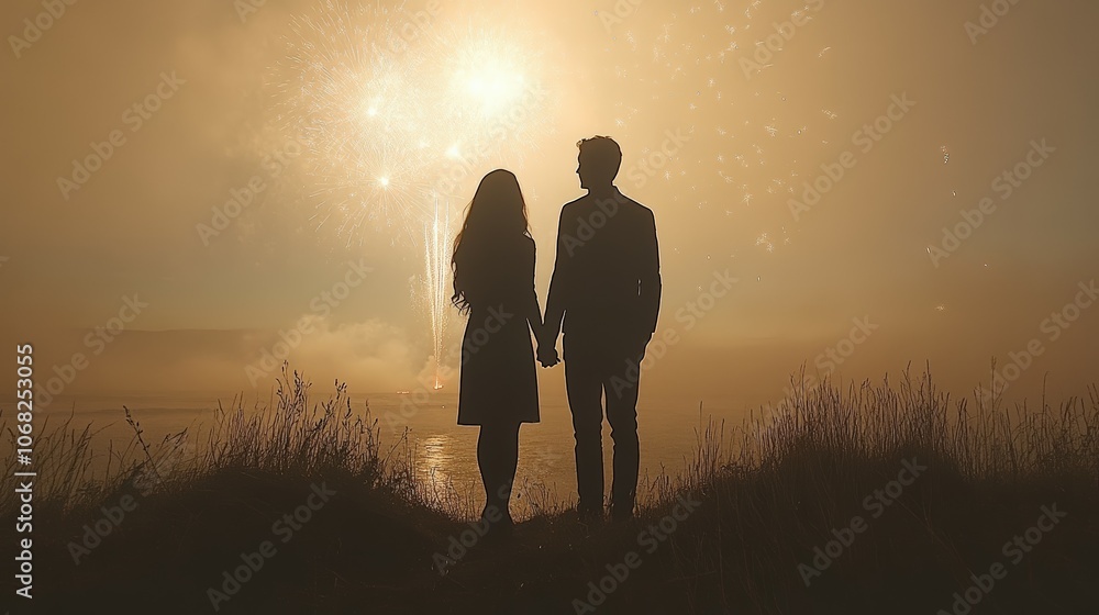 Fototapeta premium Romantic Couple Watching Fireworks in Night Sky