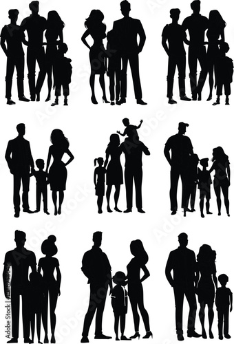 Silhouette illustrations of diverse family groups in various poses, ideal for use in advertising, social media graphics, or family designs. Perfect for projects emphasizing family unity, relationships