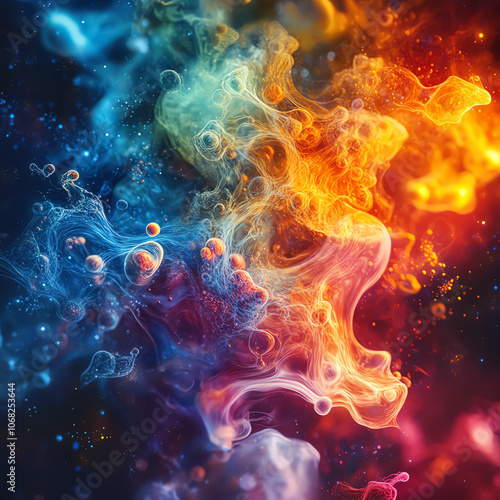 AI-driven analysis of millions of chemical compounds, visualized as swirling colorful data clouds forming and breaking apart, representing the vast possibilities in drug discovery photo