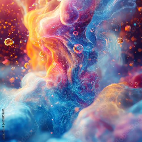 AI-driven analysis of millions of chemical compounds, visualized as swirling colorful data clouds forming and breaking apart, representing the vast possibilities in drug discovery photo