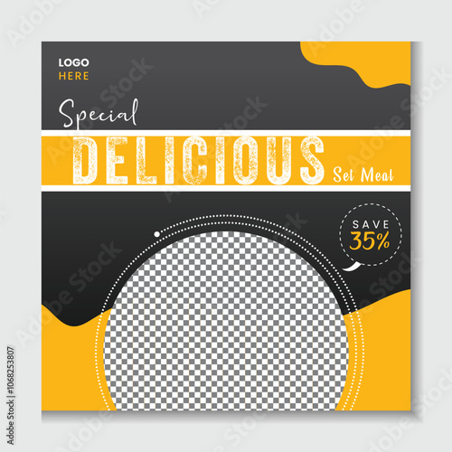 Fast food social media post template. Restaurant business marketing web banner design. Square size